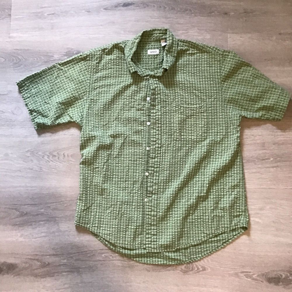 Izod Men's Button Down‎  Shirt Large Green Plaid short Sleeve Popcorn Textured